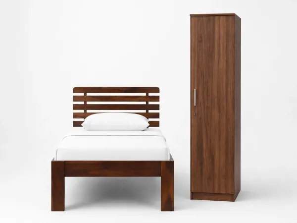 Alexa Solid Wood Single Bed with 4 Inches Mattress Rio Engineered Wood Wardrobe